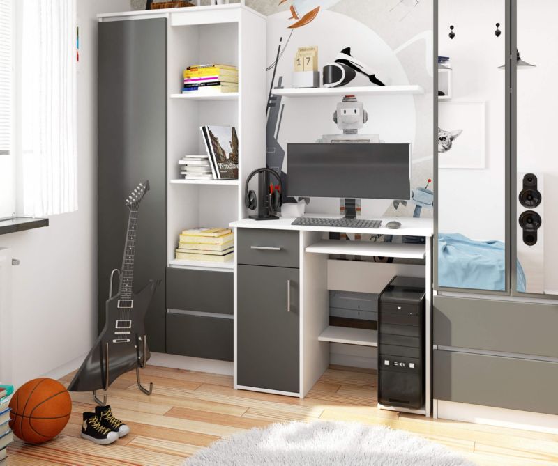 Akord Jay computerbord hvid 90 cm med 1 dør, 1 skuffe, grafitgrå mat, 3 hylder, 90x50x74 cm, 1 stk.