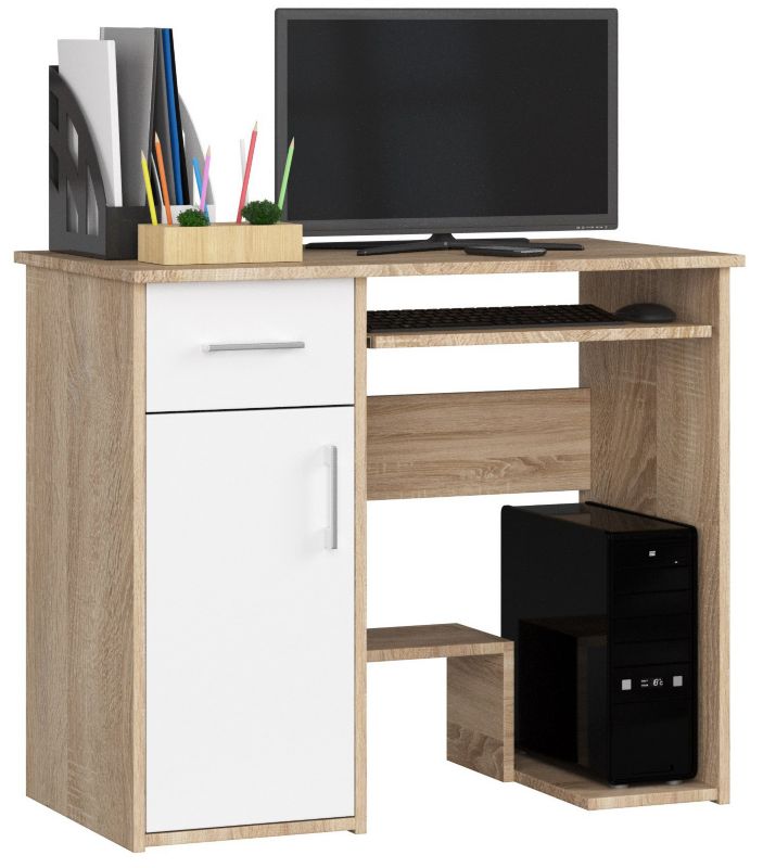 Akord Jay computerbord i sonoma-eg med 1 dør, 1 skuffe, mat hvid, 3 hylder, 90x50x74 cm