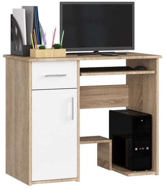 Akord Jay computerbord i sonoma-eg med 1 dør, 1 skuffe, mat hvid, 3 hylder, 90x50x74 cm