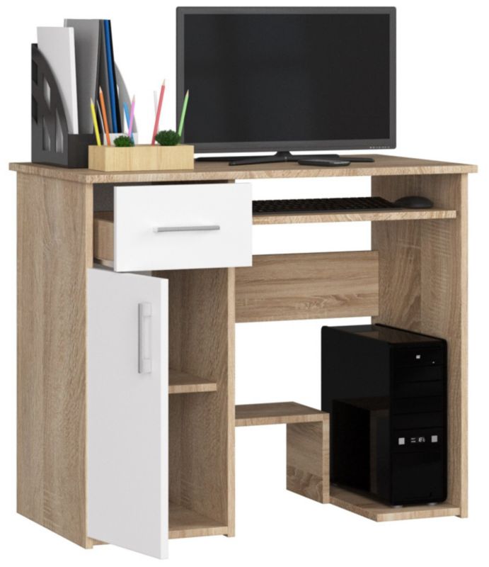 Akord Jay computerbord i sonoma-eg med 1 dør, 1 skuffe, mat hvid, 3 hylder, 90x50x74 cm