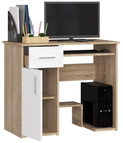 Akord Jay computerbord i sonoma-eg med 1 dør, 1 skuffe, mat hvid, 3 hylder, 90x50x74 cm