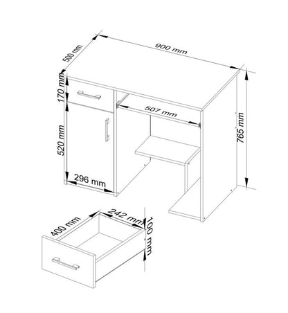 Akord Jay computerbord i sonoma-eg med 1 dør, 1 skuffe, mat hvid, 3 hylder, 90x50x74 cm