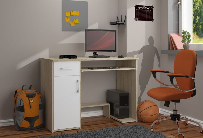 Akord Jay computerbord i sonoma-eg med 1 dør, 1 skuffe, mat hvid, 3 hylder, 90x50x74 cm