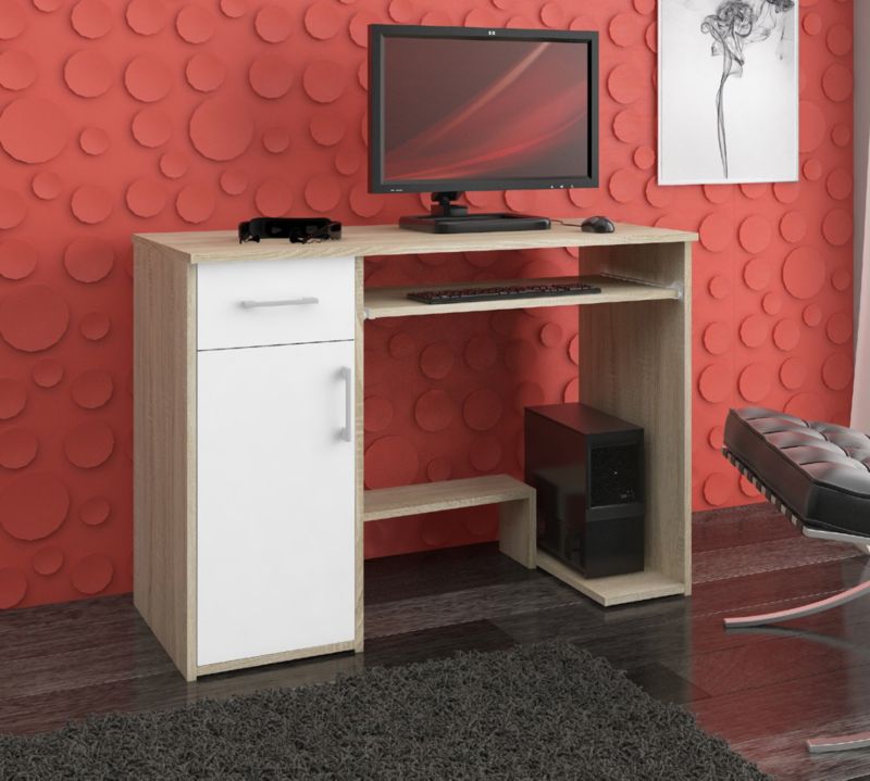 Akord Jay computerbord i sonoma-eg med 1 dør, 1 skuffe, mat hvid, 3 hylder, 90x50x74 cm