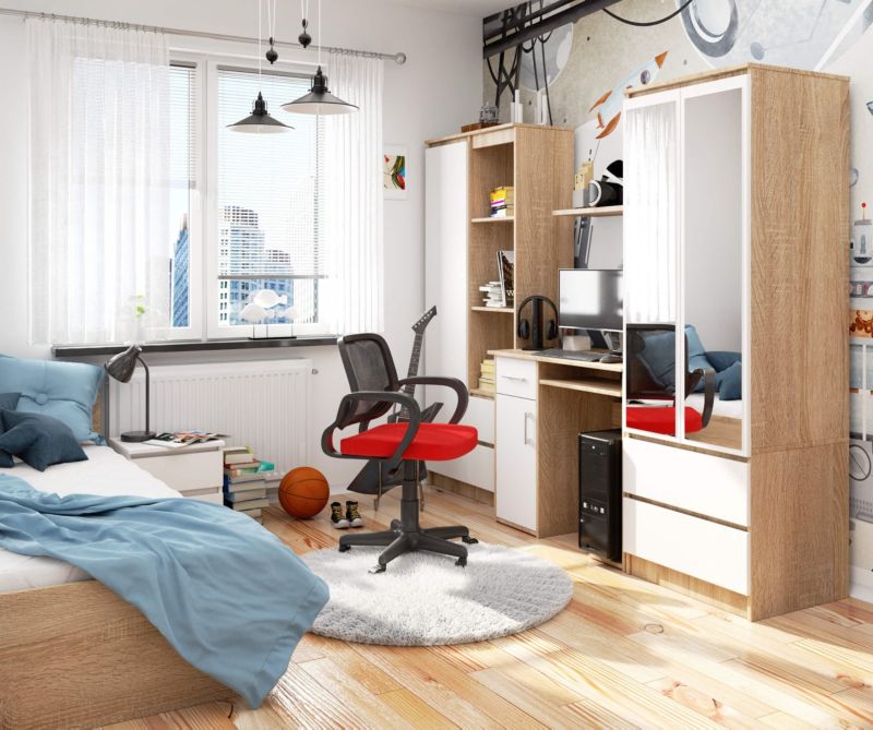 Akord Jay computerbord i sonoma-eg med 1 dør, 1 skuffe, mat hvid, 3 hylder, 90x50x74 cm