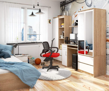 Akord Jay computerbord i sonoma-eg med 1 dør, 1 skuffe, mat hvid, 3 hylder, 90x50x74 cm