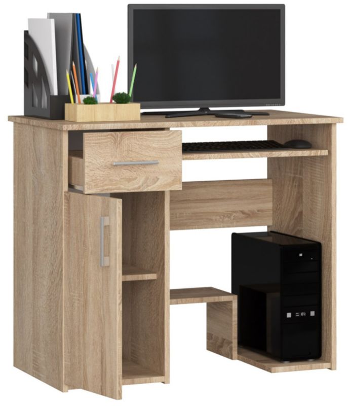 Akord Jay computerbord i Sonoma eg 90 cm med 1 dør, 1 skuffe og 3 hylder, mat finish