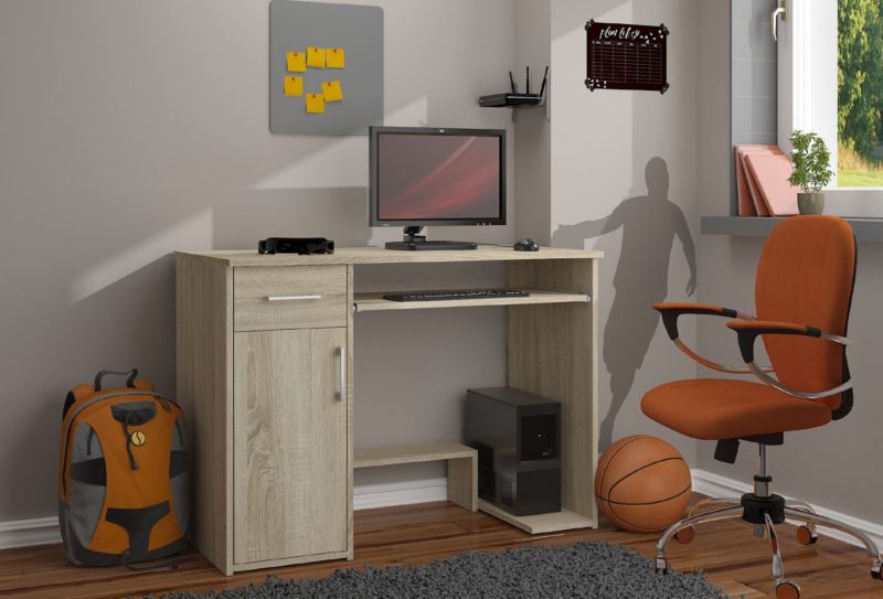 Akord Jay computerbord i Sonoma eg 90 cm med 1 dør, 1 skuffe og 3 hylder, mat finish