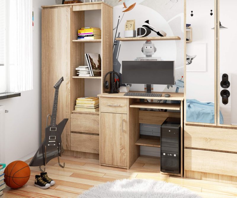 Akord Jay computerbord i Sonoma eg 90 cm med 1 dør, 1 skuffe og 3 hylder, mat finish