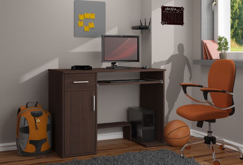 Akord Jay Wenge computerbord 90 cm med 1 dør, 1 skuffe og 3 hylder, mat wenge, 90x50x74 cm, 1 stk.