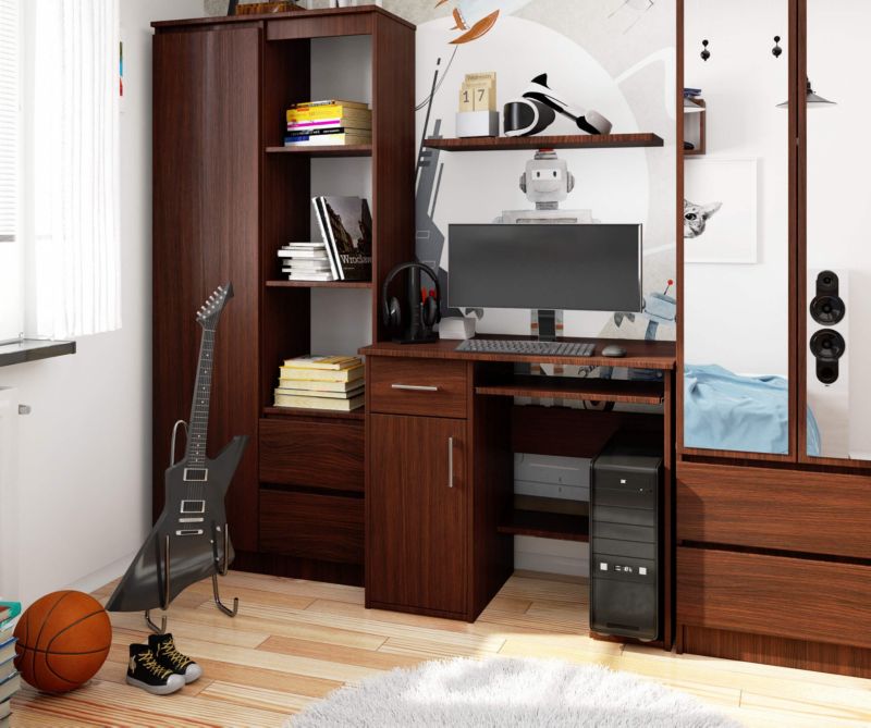 Akord Jay Wenge computerbord 90 cm med 1 dør, 1 skuffe og 3 hylder, mat wenge, 90x50x74 cm, 1 stk.