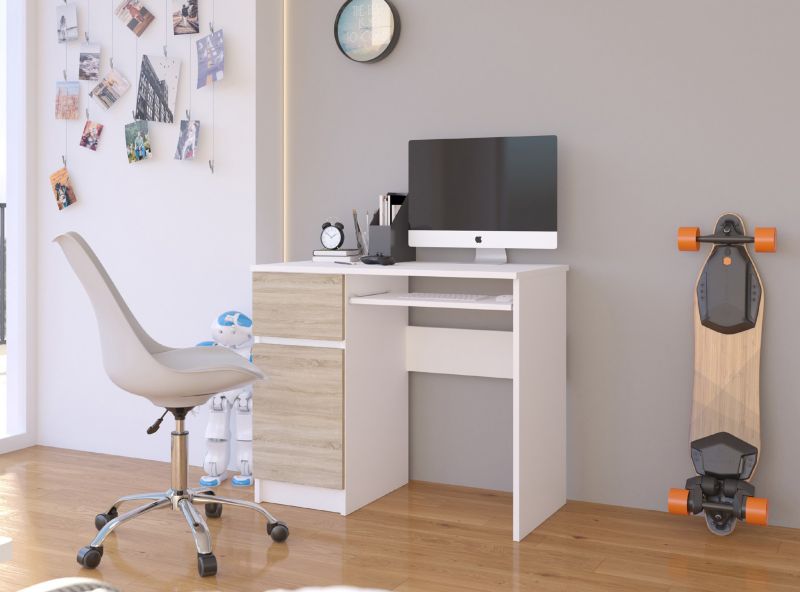 Akord Piksel computerbord hvid 90 cm venstrevendt 1 dør 1 skuffe farve Sonoma eg mat 3 hylder 90x50x77 cm 1 stk.