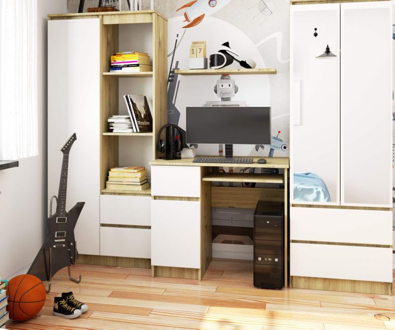 Akord Piksel computerbord i artisan-eg med mat hvid finish, 90 cm, venstrevendt, 1 dør, 1 skuffe, 3 hylder, 90x50x77 cm, 1 stk.