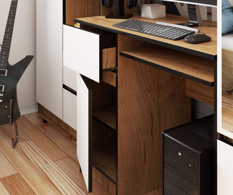 Akord Piksel computerbord i craft-eg med mat hvid finish, 90 cm, venstrevendt, 1 dør, 1 skuffe, 3 hylder, 90x50x77 cm, 1 stk.