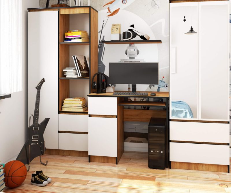 Akord Piksel computerbord i craft-eg med mat hvid finish, 90 cm, venstrevendt, 1 dør, 1 skuffe, 3 hylder, 90x50x77 cm, 1 stk.