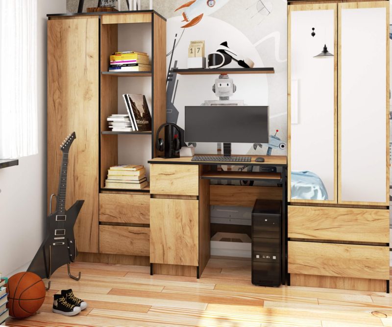 Akord Piksel computerbord i mat‑oak craft 90 cm venstre, 1 dør, 1 skuffe, 3 hylder, 90x50x77 cm, 1 stk.