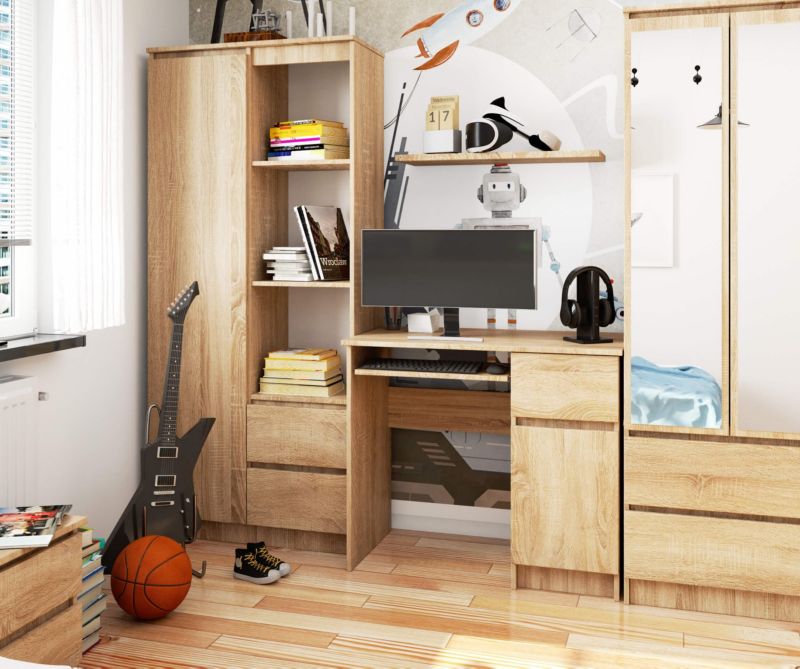 Akord Piksel computerbord i Sonoma eg 90 cm højre, 1 dør, 1 skuffe, mat Sonoma eg, 3 hylder, 90x50x77 cm, 1 stk.