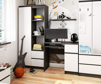 Akord Piksel grafitgråt computerbord 90 cm højrehåndet med 1 dør, 1 skuffe, hvid mat, 3 hylder, 90x50x77 cm, 1 stk.