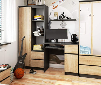 Akord Piksel grafitgråt computerbord 90 cm højre 1 dør 1 skuffe farve Sonoma eg mat 3 hylder 90x50x77 cm 1 stk.