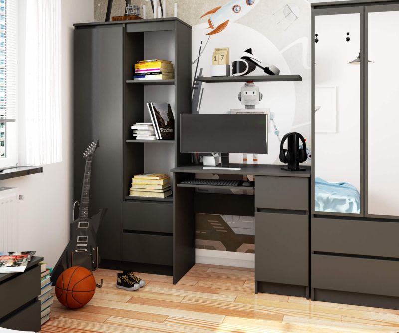 Akord Piksel grafitgråt computerbord 90 cm højre side 1 dør 1 skuffe mat grafitgrå farve 3 hylder 90x50x77 cm 1 stk.