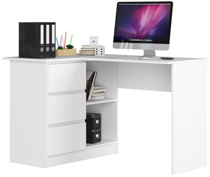 Hjørneskrivebord Akord B16 Hvid 124 cm venstre 3 skuffer mat hvid 2 hylder 124x85x77 cm 1 stk.