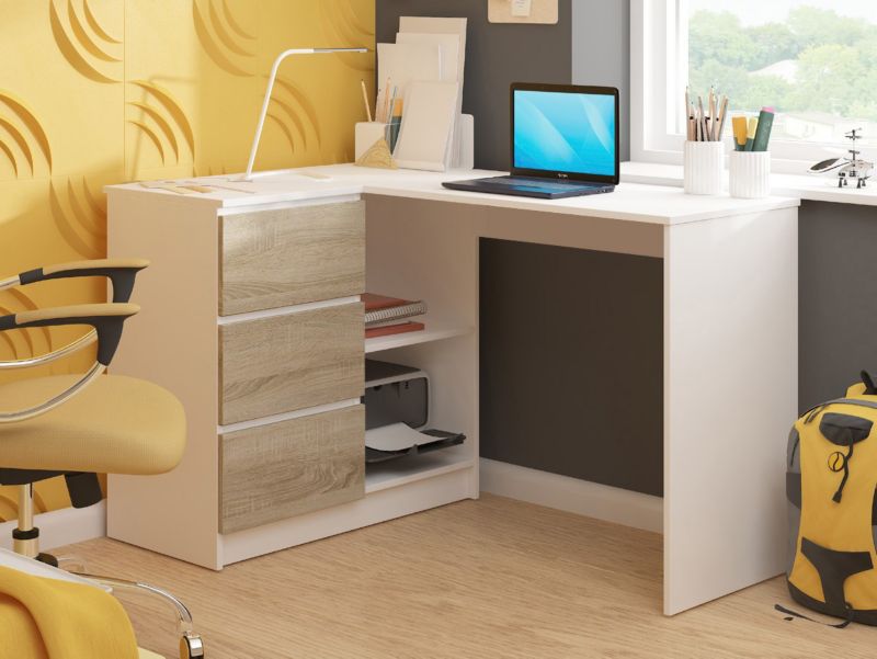 Hjørneskrivebord Akord B16 hvid 124 cm venstre 3 skuffer farve Eg Sonoma mat 2 hylder 124x85x77 cm 1 stk.