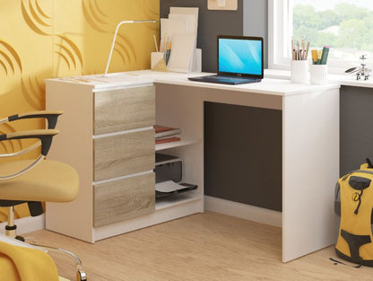 Hjørneskrivebord Akord B16 hvid 124 cm venstre 3 skuffer farve Eg Sonoma mat 2 hylder 124x85x77 cm 1 stk.