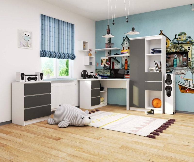 Hjørneskrivebord Akord B16 Hvid 124 cm venstre 3 skuffer grafitgrå mat 2 hylder 124x85x77 cm 1 stk.