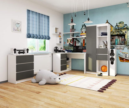 Hjørneskrivebord Akord B16 Hvid 124 cm venstre 3 skuffer grafitgrå mat 2 hylder 124x85x77 cm 1 stk.