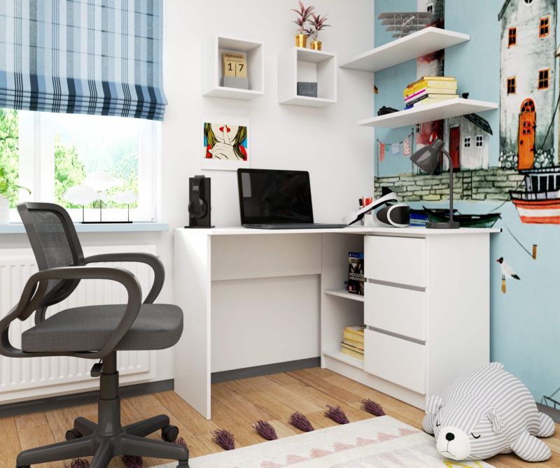 Hjørneskrivebord Akord B16 Hvid 124 cm højre 3 skuffer mat hvid farve 2 hylder 124x85x77 cm 1 stk.