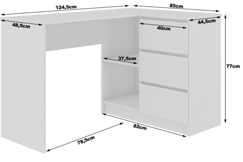 Hjørneskrivebord Akord B16 hvid 124 cm højre med 3 skuffer, farve Sonoma eg mat, 2 hylder, 124x85x77 cm, 1 stk.