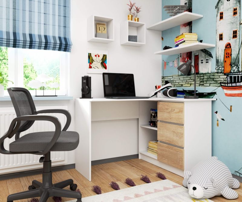 Hjørneskrivebord Akord B16 hvid 124 cm højre med 3 skuffer, farve Sonoma eg mat, 2 hylder, 124x85x77 cm, 1 stk.