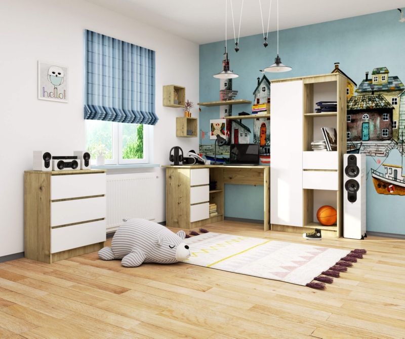 Hjørneskrivebord Akord B16 Artisan Eg 124 cm venstre 3 skuffer hvid mat 2 hylder 124x85x77 cm 1 stk.