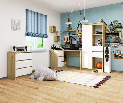 Hjørneskrivebord Akord B16 Artisan Eg 124 cm venstre 3 skuffer hvid mat 2 hylder 124x85x77 cm 1 stk.