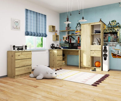 Hjørneskrivebord Akord B16 Artisan Eg 124 cm venstre 3 skuffer farve Artisan Eg mat 2 hylder 124x85x77 cm 1 stk.