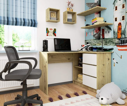 Hjørneskrivebord Akord B16 Artisan Eg 124 cm højre 3 skuffer hvid mat 2 hylder 124x85x77 cm 1 stk.