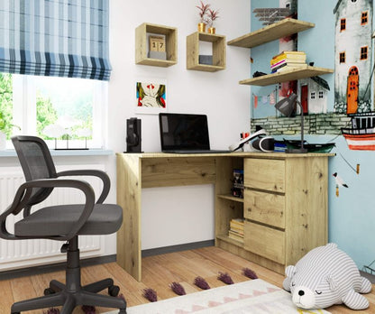 Hjørneskrivebord Akord B16 Artisan Eg 124 cm højre 3 skuffer farve Artisan Eg mat 2 hylder 124x85x77 cm 1 stk.