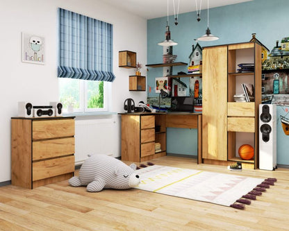 Hjørneskrivebord Akord B16 Eg Craft 124 cm venstre 3 skuffer farve Eg Craft mat 2 hylder 124x85x77 cm 1 stk.