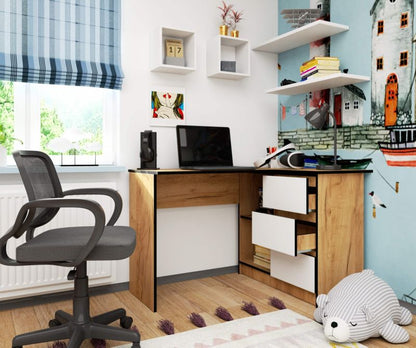 Hjørneskrivebord Akord B16 Eg Craft 124 cm højre 3 skuffer hvid mat 2 hylder 124x85x77 cm 1 stk.