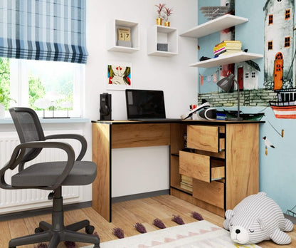Hjørneskrivebord Akord B16 Eg Craft 124 cm højre 3 skuffer farve Eg Craft mat 2 hylder 124x85x77 cm 1 stk.