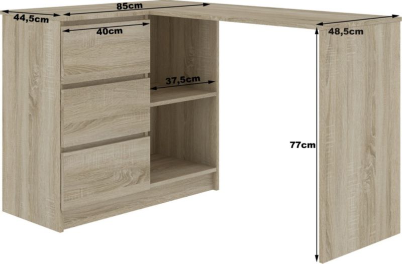 Akord B16 hjørneskrivebord i Sonoma-eg 124 cm venstre, 3 skuffer, mat hvid, 2 hylder, 124x85x77 cm, 1 stk.