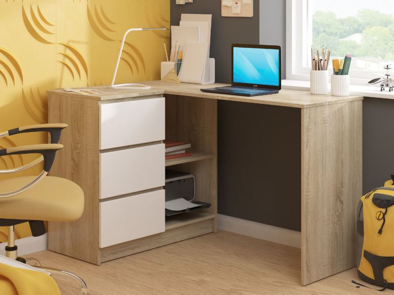 Akord B16 hjørneskrivebord i Sonoma-eg 124 cm venstre, 3 skuffer, mat hvid, 2 hylder, 124x85x77 cm, 1 stk.