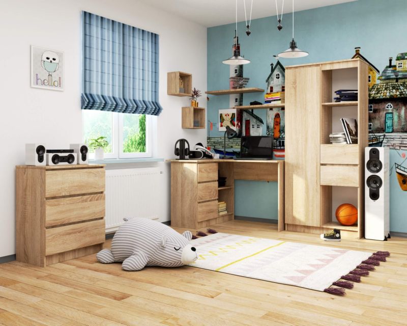 Hjørneskrivebord Akord B16 Sonoma Eg 124 cm venstre 3 skuffer farve Sonoma Eg mat 2 hylder 124x85x77 cm 1 stk.