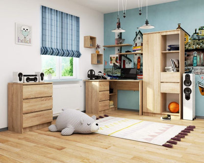 Hjørneskrivebord Akord B16 Sonoma Eg 124 cm venstre 3 skuffer farve Sonoma Eg mat 2 hylder 124x85x77 cm 1 stk.