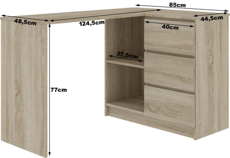 Hjørneskrivebord Akord B16 Eg Sonoma 124 cm højre 3 skuffer hvid mat 2 hylder 124x85x77 cm 1 stk.