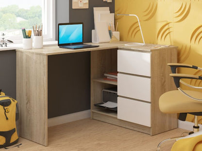Hjørneskrivebord Akord B16 Eg Sonoma 124 cm højre 3 skuffer hvid mat 2 hylder 124x85x77 cm 1 stk.