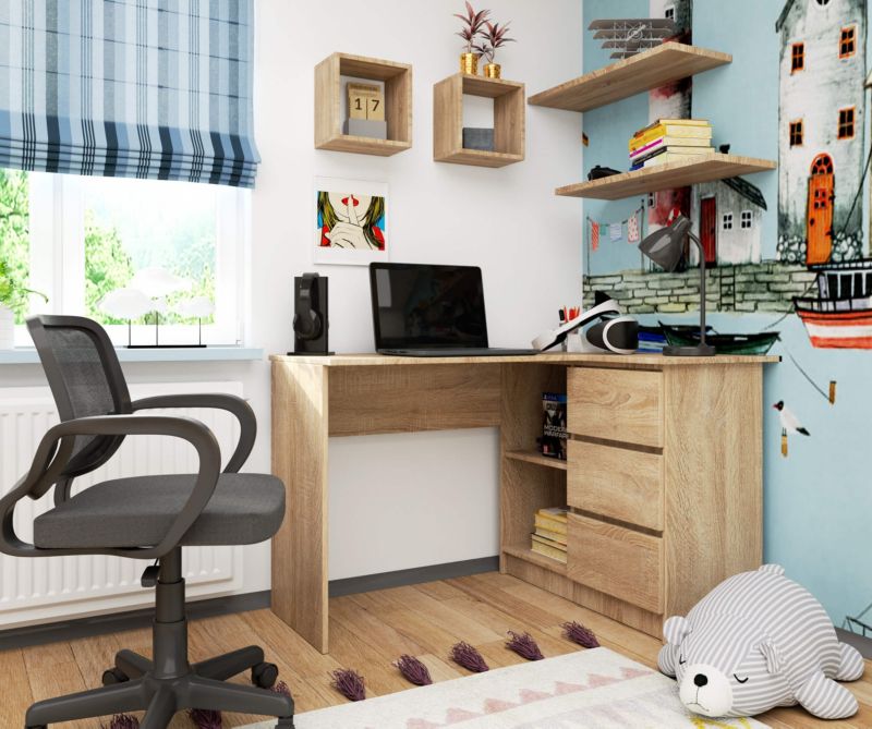 Hjørneskrivebord Akord B16 Sonoma Eg 124 cm højre 3 skuffer farve Sonoma Eg mat 2 hylder 124x85x77 cm 1 stk.