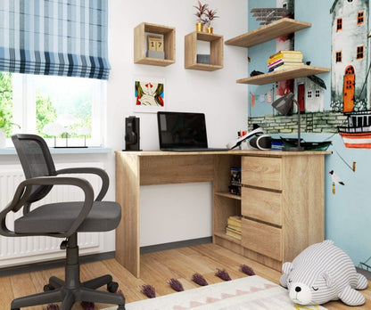 Hjørneskrivebord Akord B16 Sonoma Eg 124 cm højre 3 skuffer farve Sonoma Eg mat 2 hylder 124x85x77 cm 1 stk.