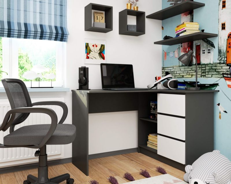 Akord B16 Hjørneskrivebord Grafitgrå 124 cm højre med 3 skuffer, hvid mat, 2 hylder, 124x85x77 cm, 1 stk.