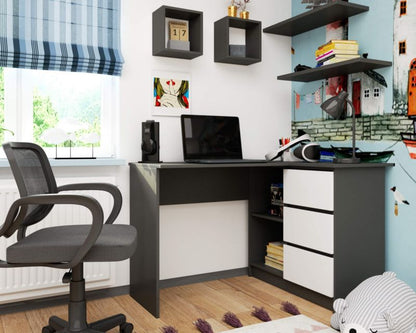 Akord B16 Hjørneskrivebord Grafitgrå 124 cm højre med 3 skuffer, hvid mat, 2 hylder, 124x85x77 cm, 1 stk.